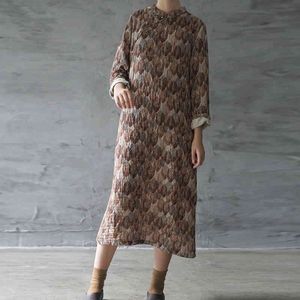 Johnature Basit Rahat Cepler Standı Çiçek Baskı Sonbahar Cheongsam Elbise Gevşek Retro Uzun Kollu Kadın Elbiseler 210521