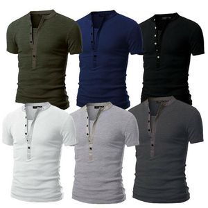 Сплошной тонкий Fit V-образные футболки с короткими рукавами мышца TEE летняя мужская мода повседневная топы Хенли рубашки
