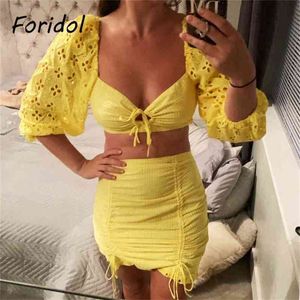 Backless Lace Up Embriodery Yellow Dress Suits Women Hollow Out Beach Summer Sets Puff Sleeve Bodycon Mini 210427