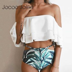 Jocoo Jolee Sexy schulterfreie Damen-Sommeranzüge für mit Schnür-Shorts mit trägerlosen Rüschen-Tops, die Strand tragen, Mädchen 210619