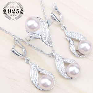 Natural Pearls 925 Silver Bridal Jewelry Sets Women White Zircon Earrings with Stones Pendant&Necklace/ Rings Set Free Gift Box