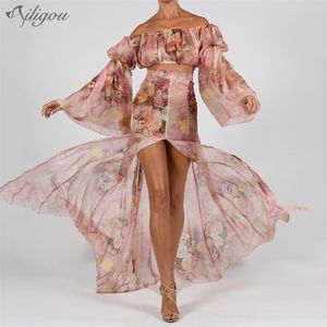 Summer Sexy Print Two-Piece Women's Off-Shoulder Long Lantern Sleeve Crop Top High Open Skirt Fashion Party Suit 210525