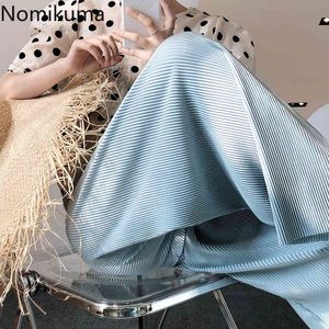 Nomikuma 도착 하이 허리 넓은 다리 바지 여성 솔리드 컬러 스트레이트 느슨한 바지 캐주얼 한국어 여름 pantalones 3B499 210514