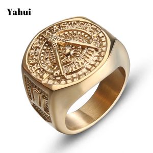 Yahui European och American Fashion Religiösa Guld Masonic Titanium Steel Ringretro Mäns Rostfria Ring Presentband Ringar