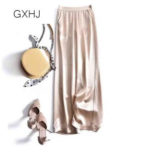 Wide Leg pants satin summer loose Mopping trousers Soft Ice Silk Black Pants Elastic Waist Solid Long LHJ004 211124
