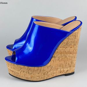Rontic Damen-Plateau-Pantoletten-Sandalen mit Keilabsatz und offenem Zehenbereich, wunderschöne metallisch-blaue Abendschuhe für Damen, US-Größe 5–20
