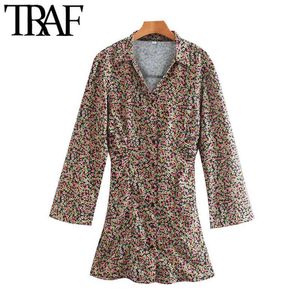 TRAF Women Chic Fashion Floral Print Pleated Mini Dress Vintage V Neck Long Flare Sleeve Female Dresses Vestidos 210415