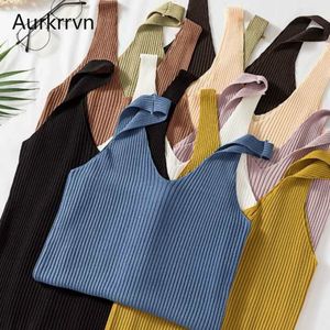 Aurkrrvn Women's Summer Tank Tops V Neck Knitted Women Tanks Casual Soild Feminine Vest SleevelVacation Cool Tank Tops 2020 X0507