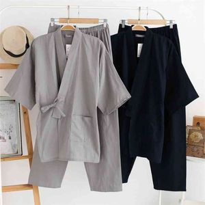 QWEEK Mens Pajamas Sets Cotton Kimono Pijama Hombre Pyjama Homme Soft Home Wear 2 Pieces Sleepwear Japanese Style 210812