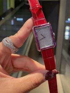 Women's Vintage Fashion Real Leather Rectangle Quartz Watch Boyfriend Watch PREMIÈRE Full Diamond Dial Sapphiare Wristwatch