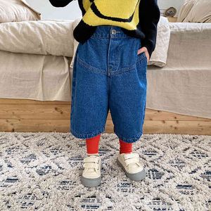 Meninos e meninas soltas de jeans de perna larga Primavera bezerro 2 cores Patchwork Denim Calças 210508