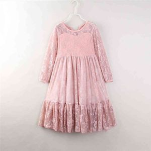 Kids Spring Long Sleeve Dresses for Girls Pink Lace O-Neck Baby Girl Party Bow Princess Dress Toddler Teenage Children Clothes G1129