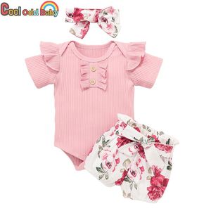 3 adet Bebek Kız Yaz Giysileri Set Çiçek Desen Şort Pembe Bodysuit Tops Romper Bandı Sevimli Doğan Bebek Giyim Kıyafetleri Setleri