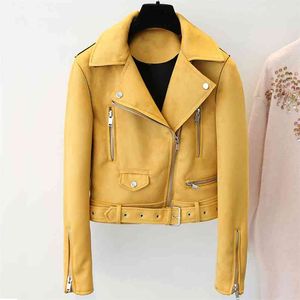 Spring Autumn Women Faux Suede Leather Jacket Biker Coat Slim Short Motorcycle Coats Basic Street Outwear Yellow Jackets 210430