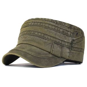 Casual Washed Cotton Flat Top Hat Justerbara Militära Kepsar Män Kvinnor Kadett Armé Cap Unik Design Vintage Four Seasons