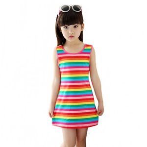 3 4 5 7 8 10 11 12 15 ÅR Tjejer Stripe seveless Rainbow Cotton Brand Summer Girl Dress Tutu Klänningar för tjejer Q0716