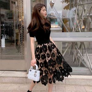 Fashion Elegant O-neck Knitted Tops and Lace Skirt 2 piece set Floral Crochet Hollow Ball Gown Knee-length Sets 3 colors 210520