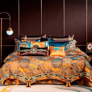 Chic Home 4/6/10pcs Place Faux Silk Luxury Large Jacquard with Embroidery Golden Bedding Set Duvet Cover Bedspread Bed Sheet