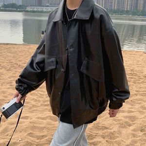 Męskie ubrania Baseball Pu skórzane kurtki motocyklowe Trench Ubranie Rosyjskie luźne płaszcze męskie płaszcze Slim Fit Black Jacket 210524