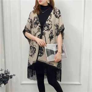 Wrap And Swing V Neck Print Flower Cloak Women Party Overcoat Long Autumn Knitted Cardigan Cape Sleeveless Tassel Red Coat 210427