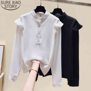 Kvinnor långärmad chiffong skjorta blusas mujer de moda höst runda krage knapp pullover blouses koreanska ruffles toppar 11926 210417