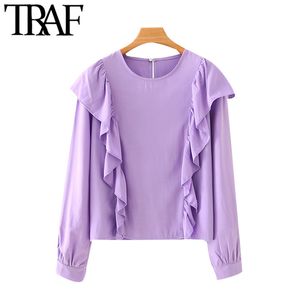 TRAF Donna Dolce Moda Increspature Solido Camicette Vintage O Collo Maniche lunghe Camicie Donna Blusas Chic Top 210415