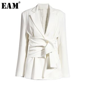 [EAM] Giacca da donna bianca con nodo diviso e irregolare Giacca con risvolto manica lunga vestibilità ampia Moda Primavera Autunno 1X343 211019