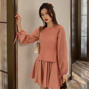 Kore Robe Sevimli Mini Vestido Sonbahar Sahte İki Peices Elbise Kadın Örme Yelek Yama Uzun Kollu Gömlek Dresse 210510