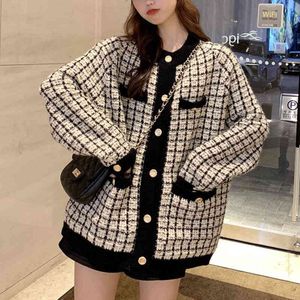 Donne Top Autunno Cappotto Maglione Cappotto Retro Camicia Controllo a maniche lunghe Plaid Plaid Singolo Plaid Allentato Cardigan Tide Ladies 828J 210420