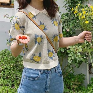 Koreanska kvinnor mode blomma tryck stickas tröja tappning lapel kortärmad t-shirt Casual ungdom kvinnlig pullovers chic toppar 210527