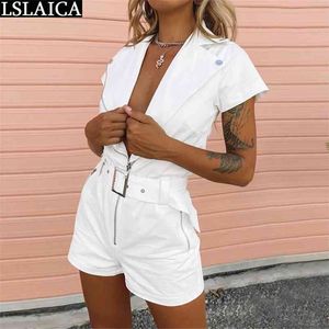 Overaller för kvinnor Jumpsuit Zipper Kortärmad Sashes Shortt Bodycon Chic Office Lady Casual Playsuit Mono Largo Mujer 210515