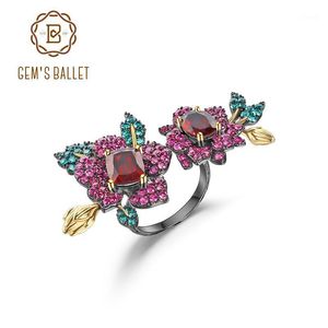 Cluster Rings GEM'S BALLET 925 Sterling Silver Adjustable Open Ring Natural Red Garnet Double Flower Handmade For Women