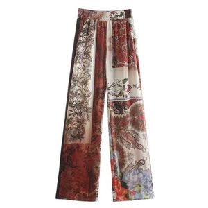 Kobiety Za 2021 Moda Szwy Kwiaty Drukuj Spodnie Vintage Wysoka Elastyczna Talii Streetwear Kobieta Zestaw Spodnie Pantalones Mujer Q0801