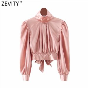 Kobiety High Street Backless Długim Rękawem Turtleneck Collar Smock Bluzka Kobieta Bow Krótki Koszulka Chic Sexy Blusas Topy LS7554 210416