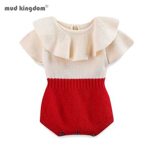 Mudkingdom Baby-Overall für Mädchen, gestrickt, Colorblock, gerüschter Ausschnitt, Strampler 210615