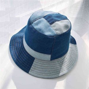 Bucket Hat Kvinnor Sommar S och Caps Patchwork Washed Denim Hip Hop Solid Wide Brim Cotton Beach Fishing Cap Panama 211222
