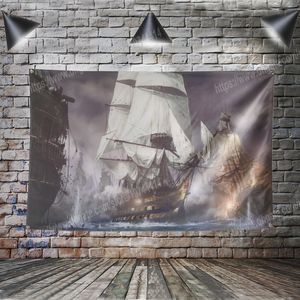 Nave da guerra Nave da battaglia Barca a vela Bandiere di mare Banner Poliestere 144 * 96 cm Appendere al muro 4 occhielli Bandiera personalizzata Decorazione per interni Pittura Stampa artistica Poster