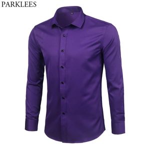 Camisa de bambu de fibra de bambu roxo camisa marca magra fit manga longa químico homme não ferro fácil cuidado formal para homens 210809