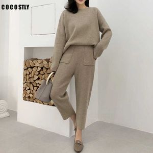 Elegante Gestrickte 2 stück set Frauen Oansatz Jumper Hose Herbst Winter Pullover Set Weibliche Beiläufige Gestrickte Set Trainingsanzug Frauen y0625