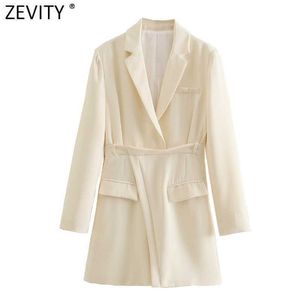 Zevity Womenエレガントなノッチ付き襟ソリッドカラービジネスシャツの女性長袖パッチワークvestidoシックドレスDS8257 210603