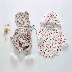 Cherry Cute Outfits Overalls Fashion Lovely born Baby Spring Clothes Girl Floral Bodysuit Jumpsuit With Hat Set 210429