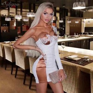 Ladies Sexy One Shoulder Long Sleeve Embroidered Mini Bodycon Vestidos Celebrity Christmas Party Bandage Dress 210525