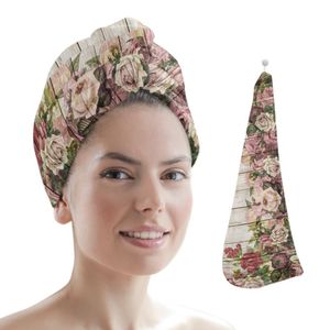 Handtuch Holzmaserung Blume Retro Frauen Haar Handtücher Badezimmer Mikrofaser Quick Dry Duschhaube für Zuhause