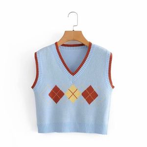 Streetwear Women Rhombus Plaid Sweaters Tanks Fashion Ladies V-Neck Knitted Vests Causal Female Chic Pullovers 210427