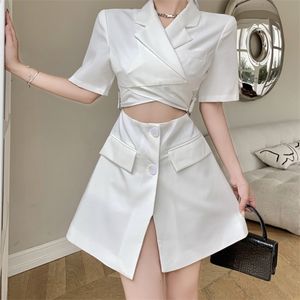 Vetement Femme Summer Cross Crop Top Bandage Split Mini A Line Dress Women Short Sleeve Sexy Streetwear Robe 210514