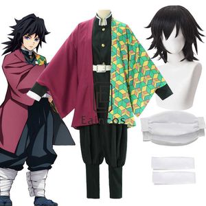 Anime Demon Slayer Kimetsu No Yaiba Tomioka Giyuu Mundur Cosplay Costume Kimono Cloak Wig Y0903