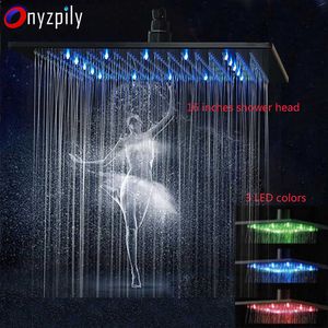 Black Rainfall Shower Head LED Light 16" Large Rainfall Shower Faucet Head Square Brass Showerhead Color Changing Head 210724