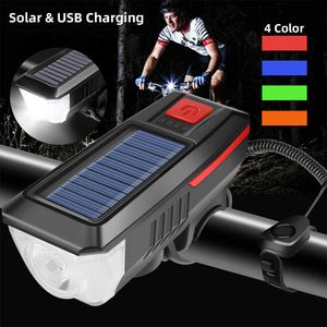 Luz de Bicicleta de Carregamento Solar 3 Modos LED Road Mountain Bike Front Waterproof Bell USB Recarregável Farol Carro