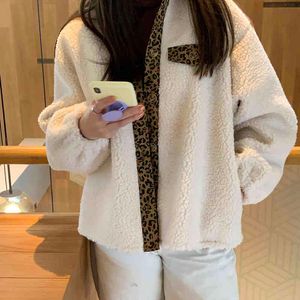 Herbst und Winter im koreanischen Stil, Umlegekragen, Leoparden-Patchwork, kurze warme Mäntel und Jacken aus Lammwolle für Damen (C2977) 210423