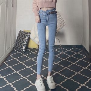 spring fashion net celebrity high waist slimming, careful machine belt decoration small feet pencil jeans women 210429